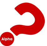 Alpha-Fragezeichen: rot, schräg, im Punkt der weiße Schriftzug 