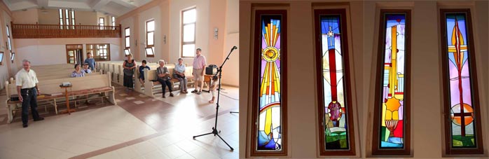 Kirchenraum in Vrbas mit Glasfenstern