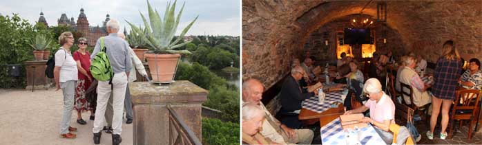Links: Blick vom Pompejanum auf Schloss Johannisburg und den Main; rechts: Mittagessen im Kellerlokal