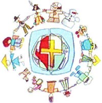 Das Logo der Überraschungskirche zeigt Kinder verschiedener Nationen in einem Kreis um das Kreuz (EmK-Symbol)
