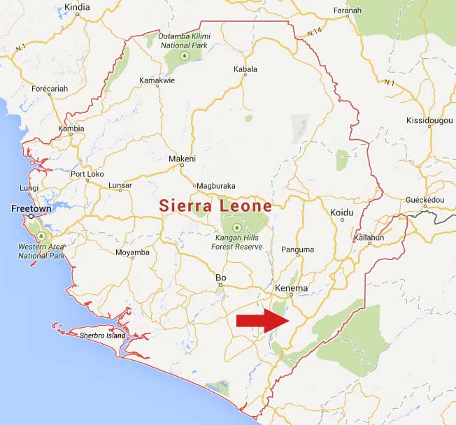 Karte von Sierra Leone; im Süd-Osten südlich der Stadt Kenem liegt Jaiama abseits von größeren Siedlungen